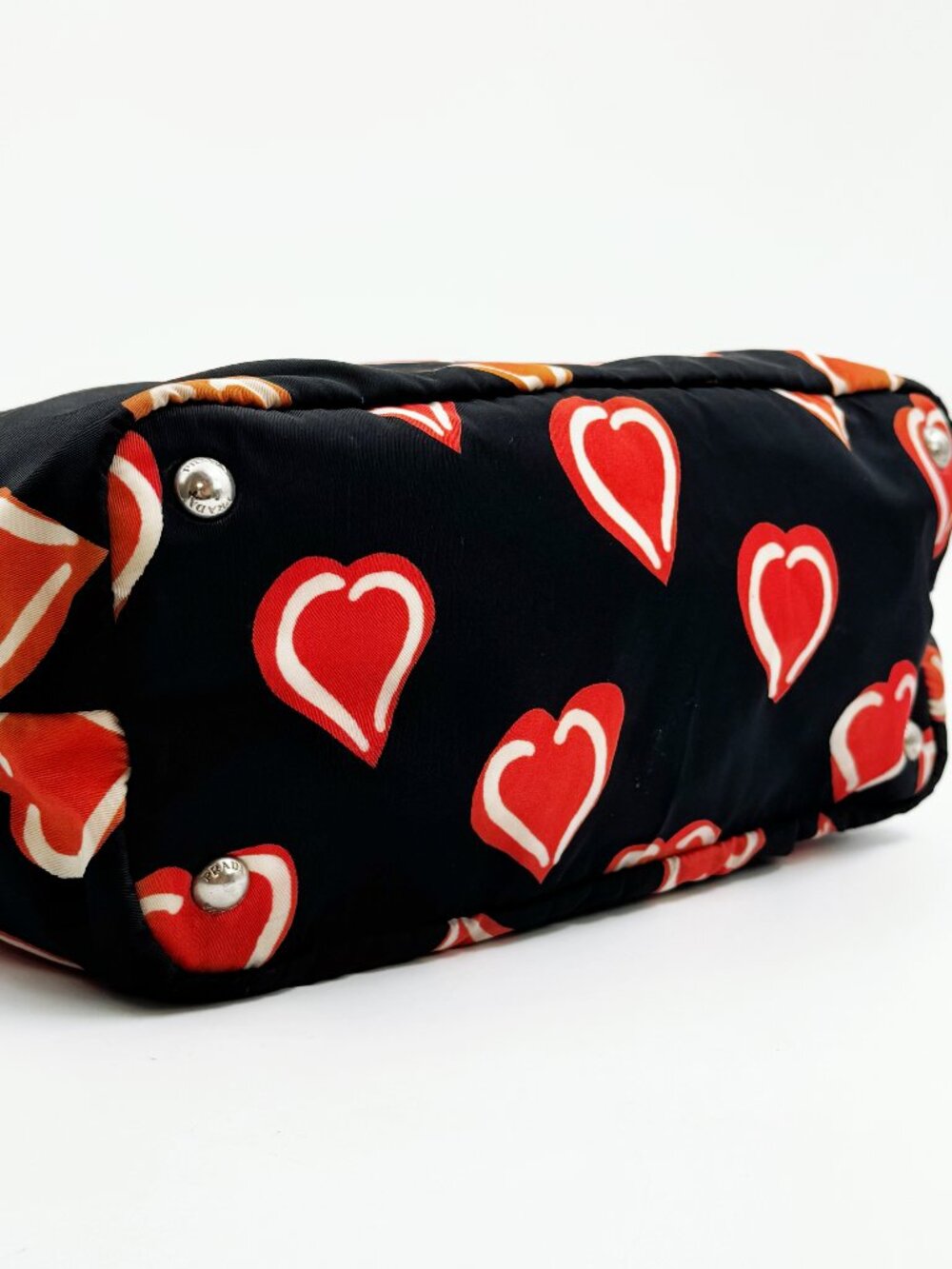 Prada Black Nylon Heart Print Tote Bag Red Orange Hearts Shoulder Bag - Picture 6 of 13